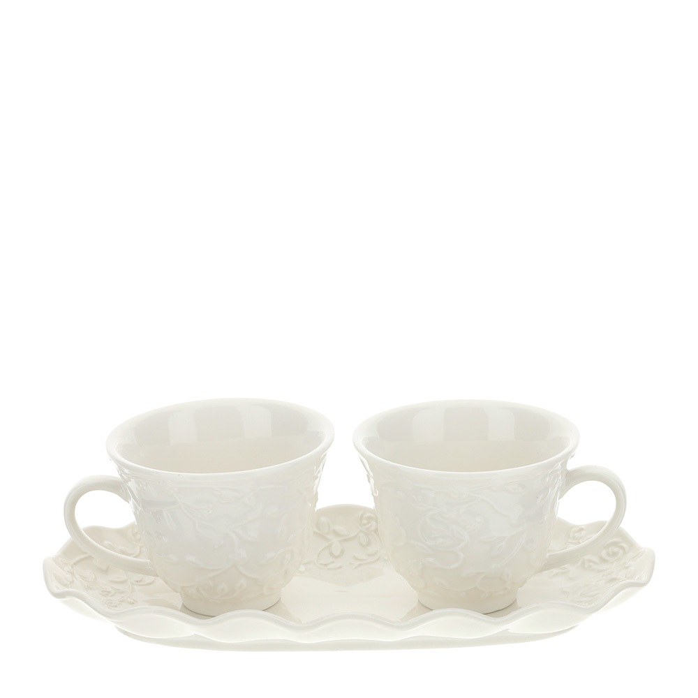 Set da 2 tazzine da caffè con vassoio in porcellana bianca con decoro di rose - 19x9 cm - Hervit