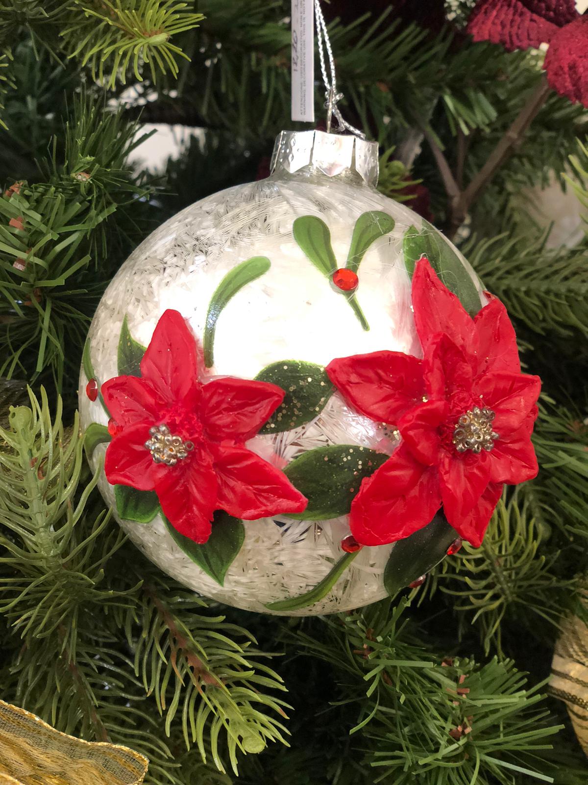 Decoro natalizio in vetro smaltato bianco con stella di natale a rilievo in resina - diam. 12 cm -  edg