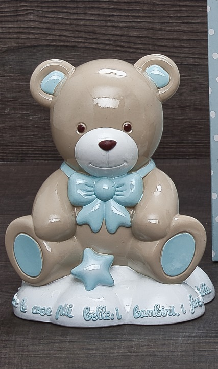 Salvadanaio in resina c/orsetto celeste - H.16 cm - Henriette