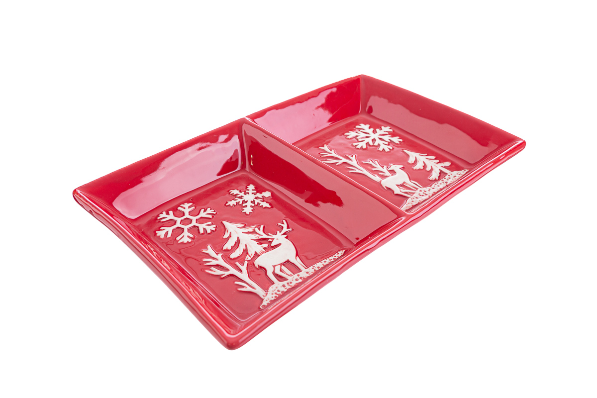 Vassoio natalizio in ceramica fiocco di neve e renne - 26x16 cm