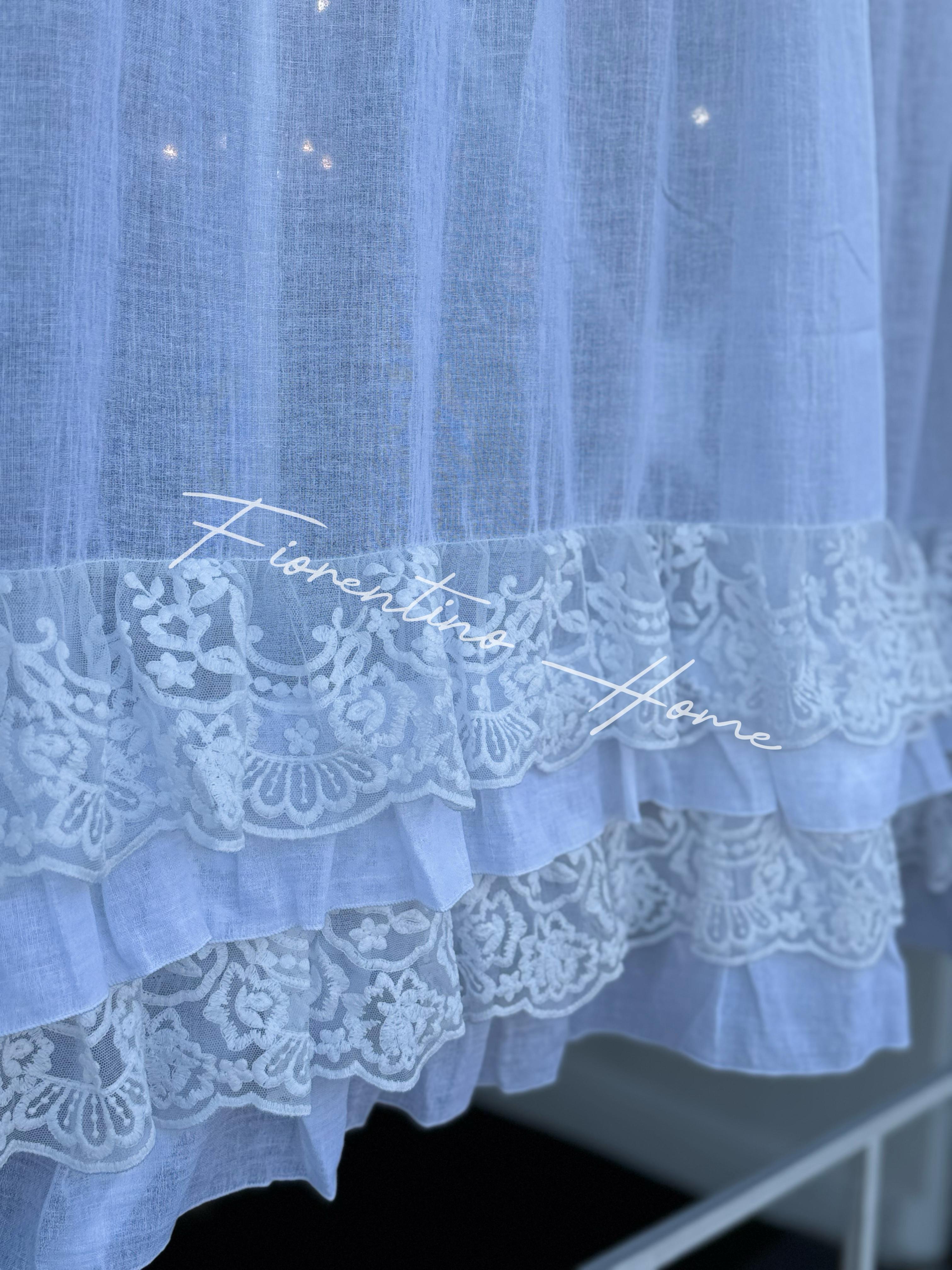 Vetrage in garza di cotone e pizzo Royal con balze bianco - 65x128 cm - Charme Home Textile