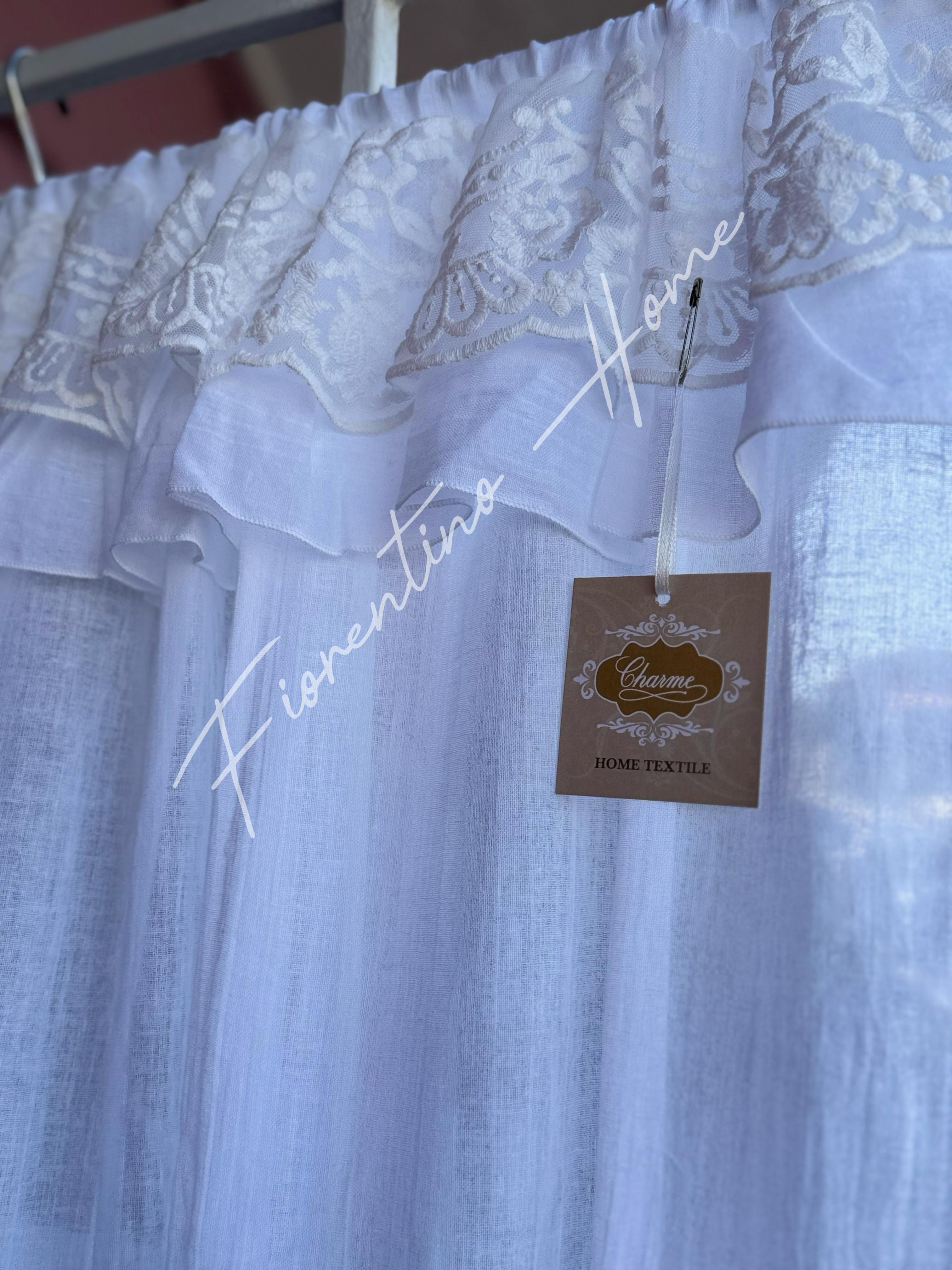 Vetrage in garza di cotone e pizzo Royal con balze bianco - 65x128 cm - Charme Home Textile - Foto 3