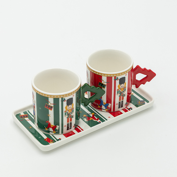 Set di tazzine da caffè + vassoio natalizi in ceramica c/schiaccianoci - 8 cm - E.L.