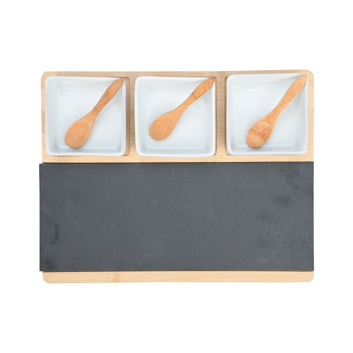Piatto da portata in ardesia con base in legno e 2 ciotole con cucchiaio - 28x11 cm - Estia