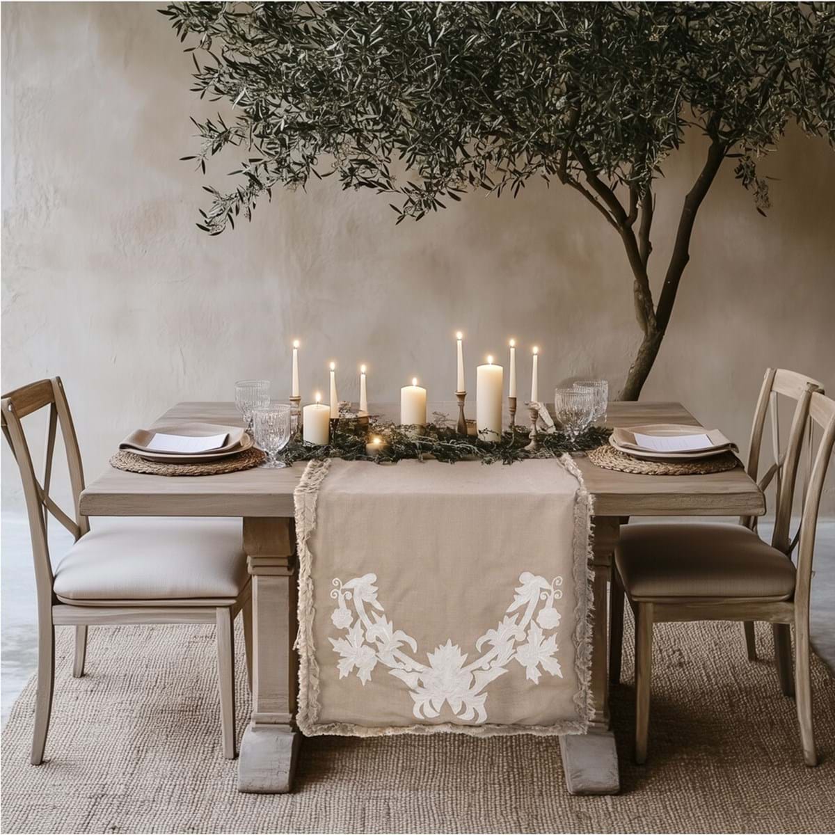 Runner in lino con applicazioni - Collezione Dentelle - 45x150 cm - Blanc Mariclo