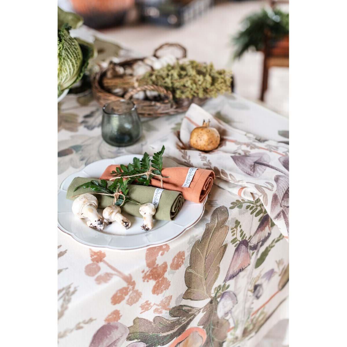 Tovaglia in cotone con stampa autunnale - Collezione Foret Enchantee - 160x220 cm - Blanc Mariclo