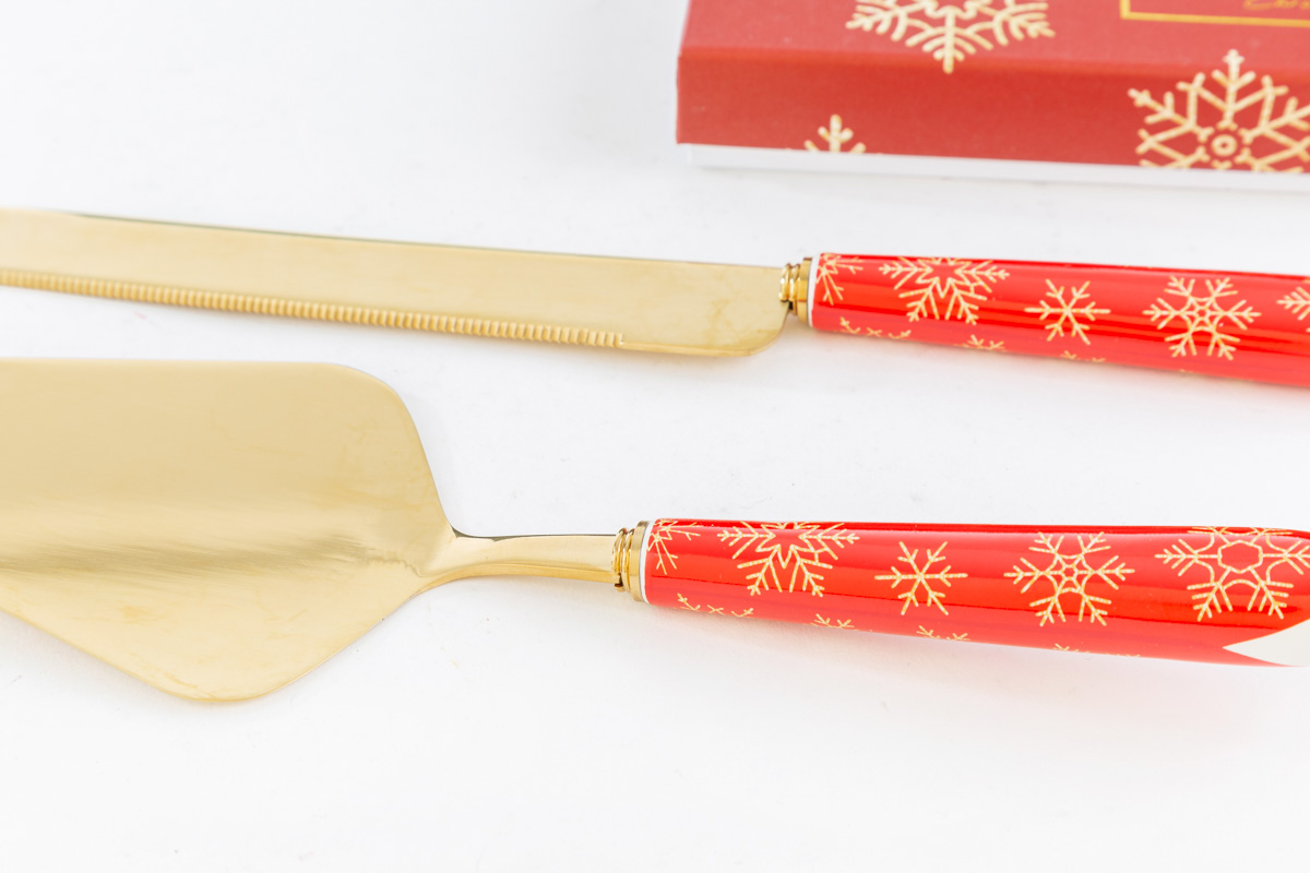 Set 2 pezzi taglia torta oro con manico natalizio rosso - 15 cm