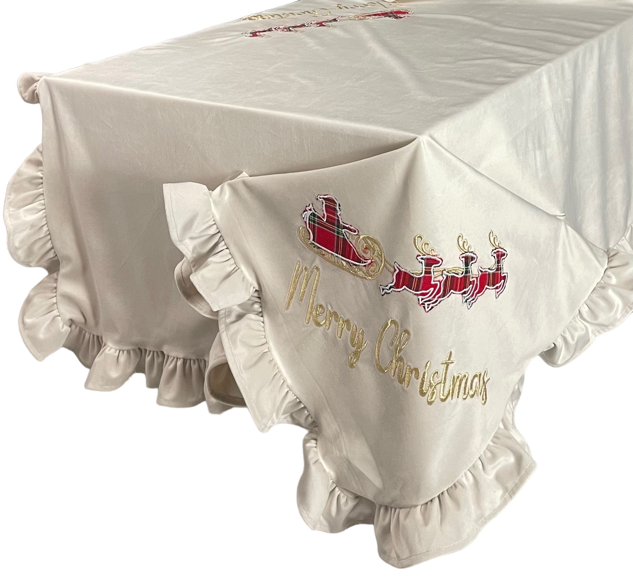 Tovaglia natalizia sartoriale in velluto rosso con stampa slitta - 2 varianti - 145x270 cm