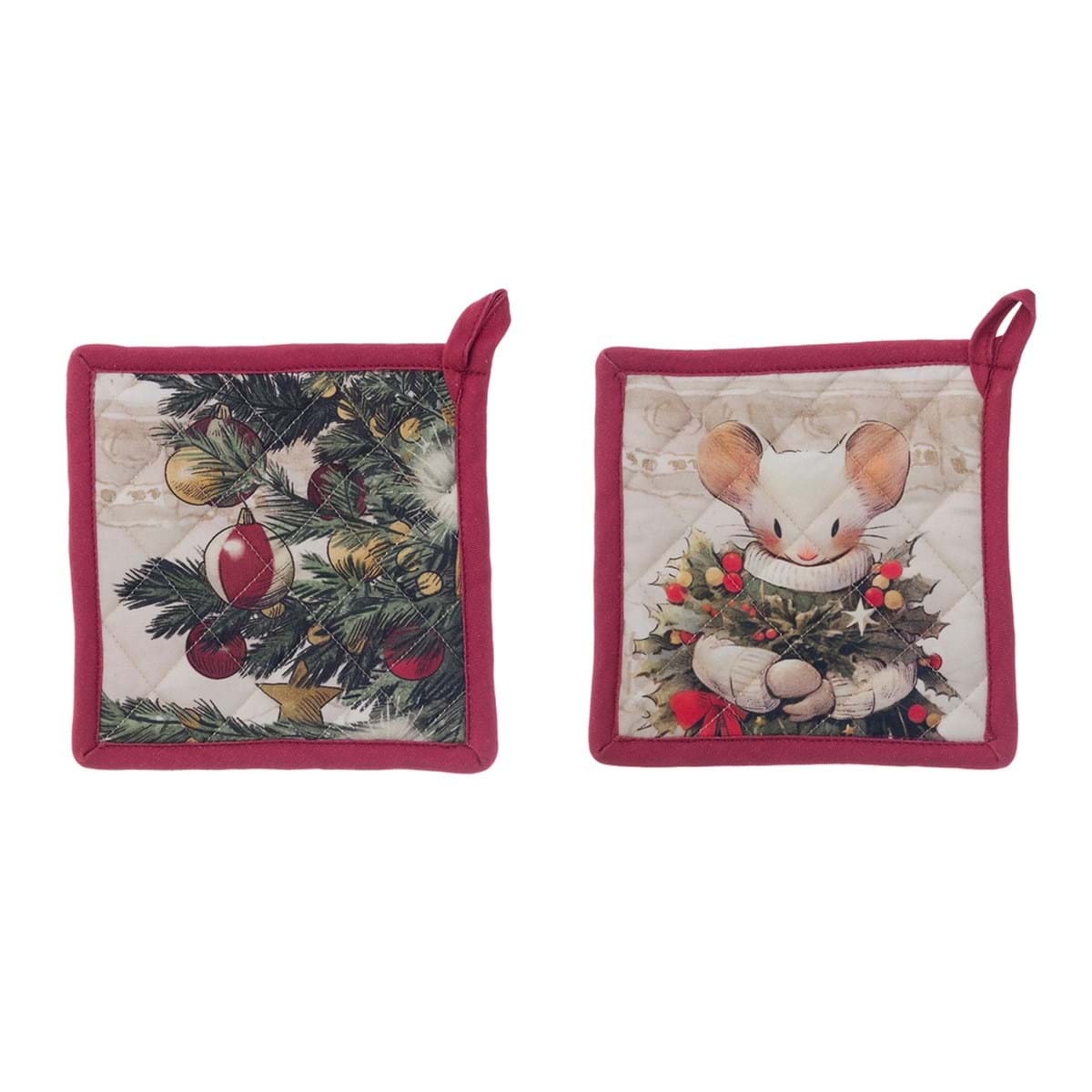Set guantone + 2 presine in cotone natalizio -Collezione Favola di Natale 2025 - 18x32 +20x20 cm - Blanc Mariclo