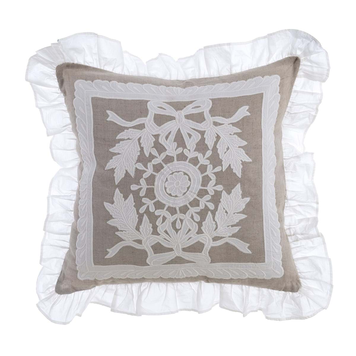 Cuscino arredo in lino e cotone con ricamo - Collezione Dentelle - 50x50 cm - Blanc Mariclo