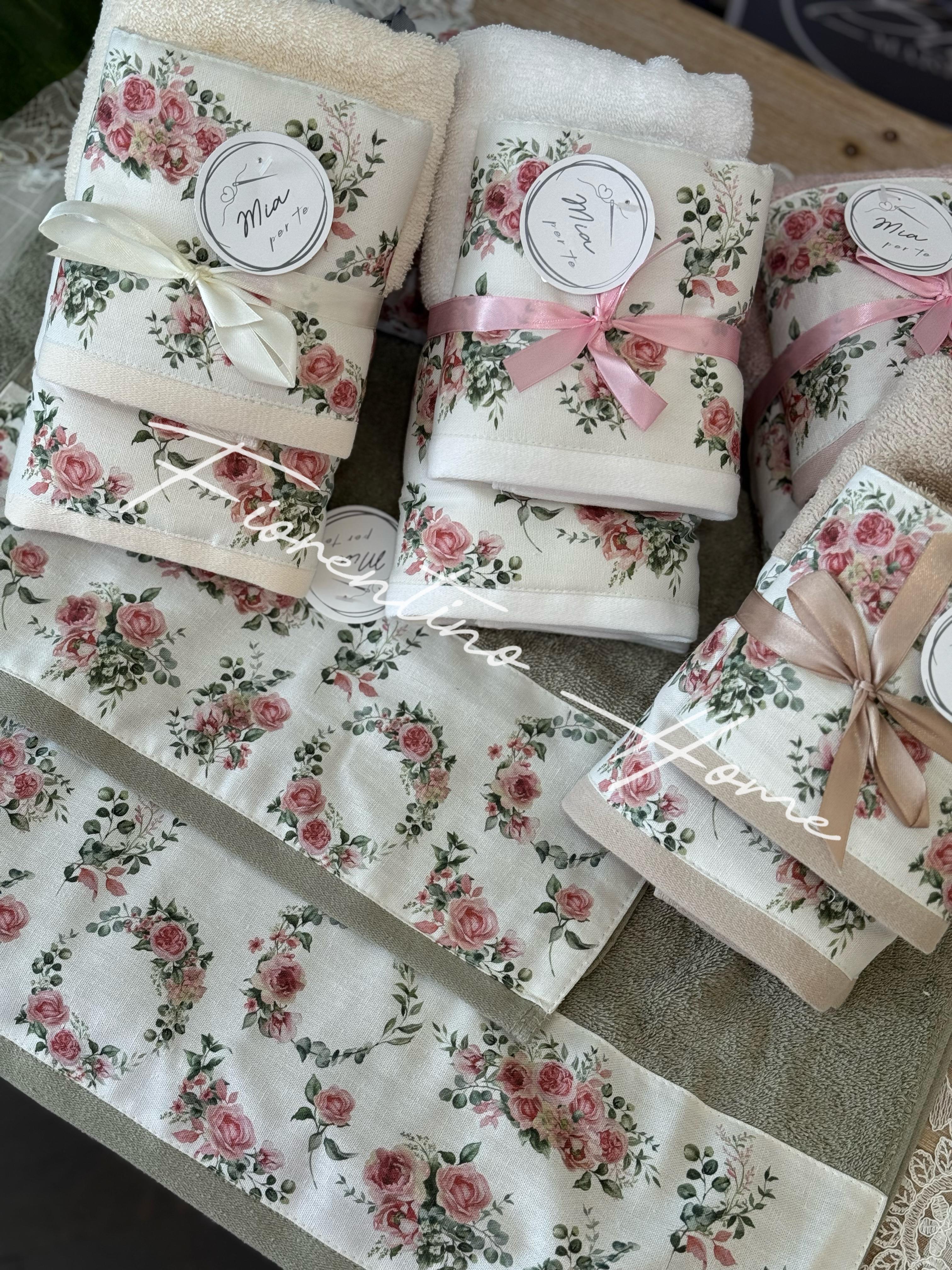 Set asciugamani viso+ospite in cotone con fascia floreale LEDA - vari colori -  40x60+104x60 cm - Mia per Te