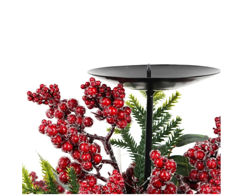 Candelabro con bacche, foglie e stella di natale - H.33 cm - Stile'
