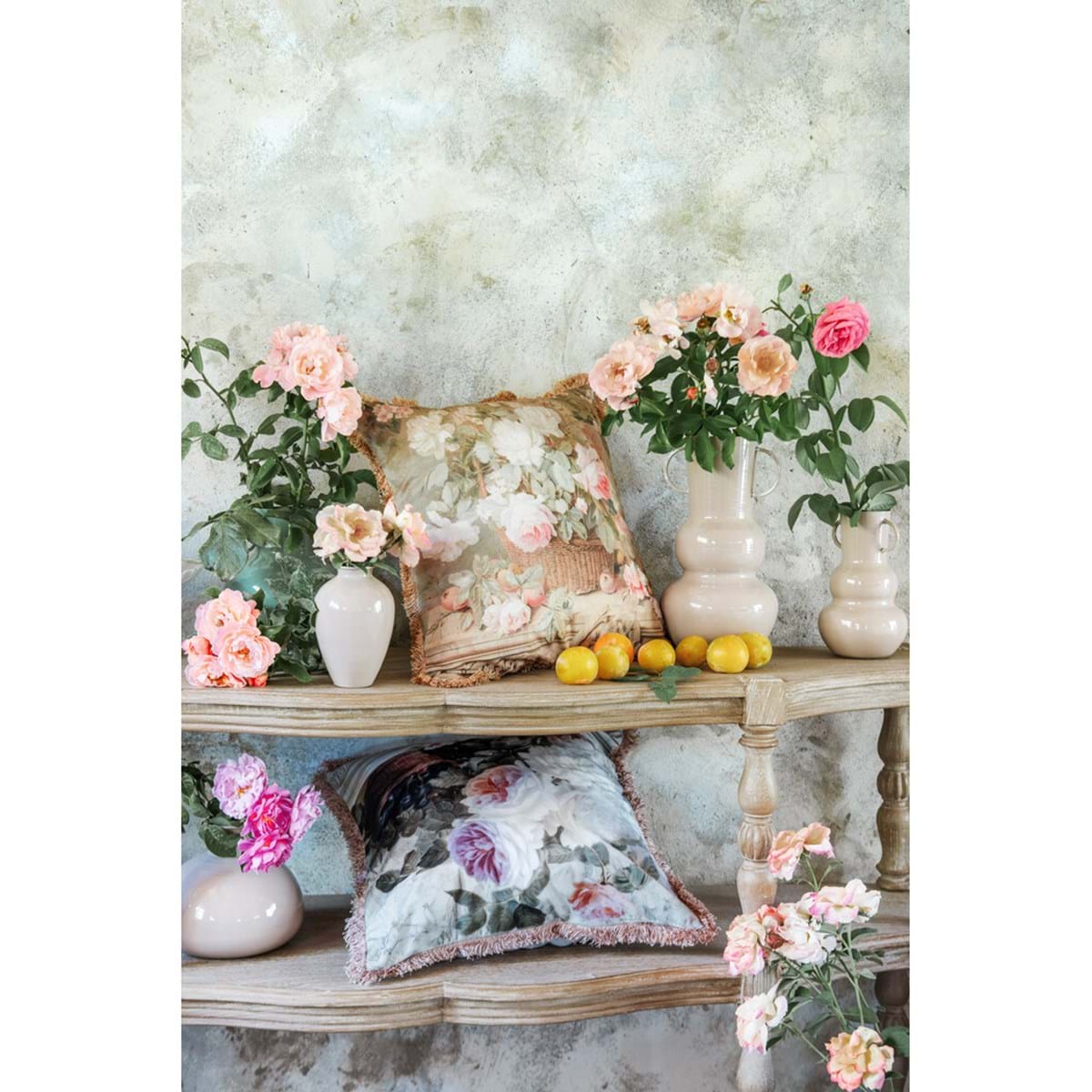 Cuscino stampato in velluto con frange - 2 varianti - Linea Rose Collection - 45x45 cm - Blanc Mariclo