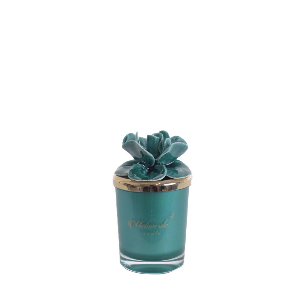 Candela profumata in vasetto di vetro con rosa in ceramica col.Verde- H. 10  cm - Melaverde