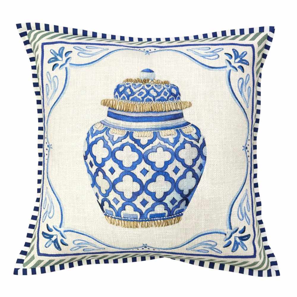Cuscino arredo in cotone c/vaso blu - Linea Santorini - 45x45 cm - Clodette