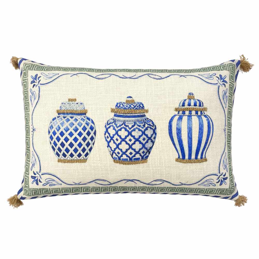 Cuscino arredo in cotone c/vasi blu - Linea Santorini - 50x35 cm - Clodette