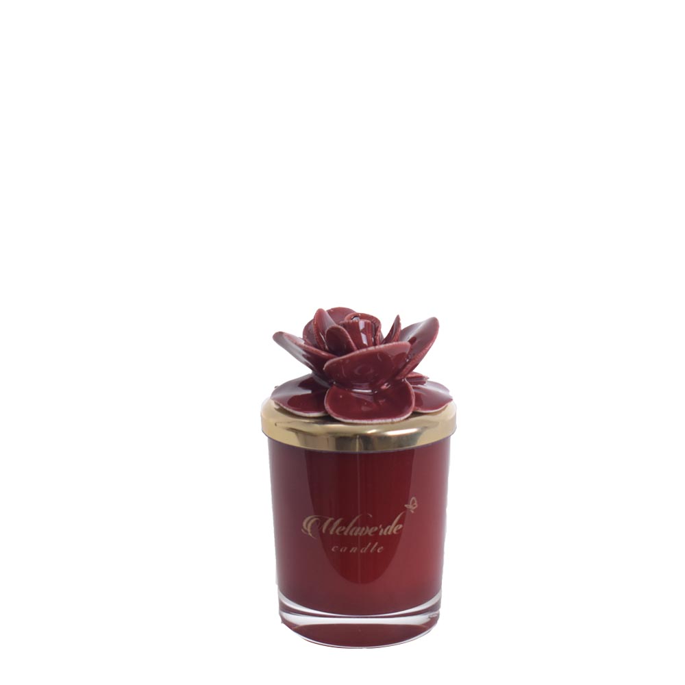 Candela profumata in vasetto di vetro con rosa in ceramica col.Bordeaux  - H. 10 cm - Melaverde