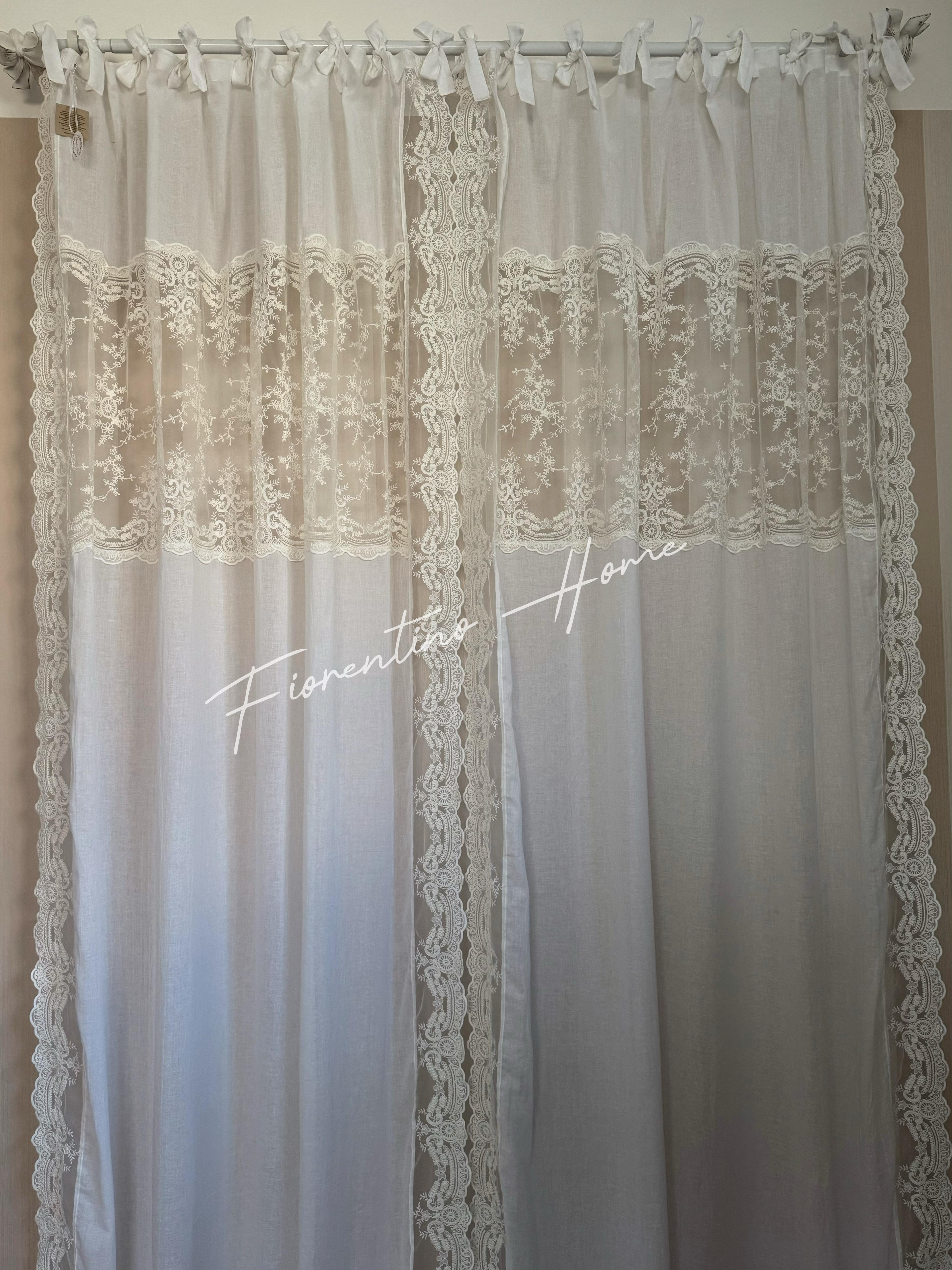 Tenda mod. Nataschia in pizzo e cotone bianco naturale - 150x300 cm - Charme Home Textile