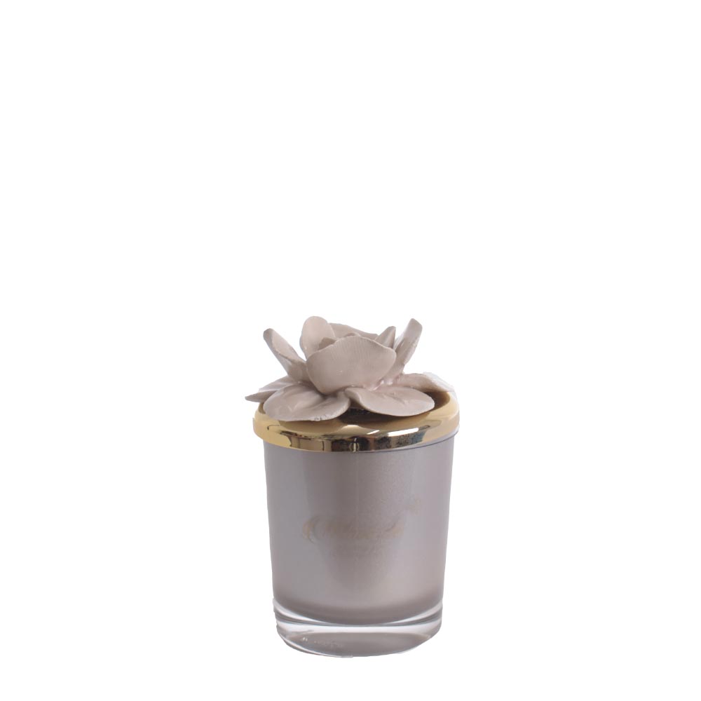 Candela profumata in vasetto di vetro con rosa in ceramica col.Tortora - H. 10 cm - Melaverde