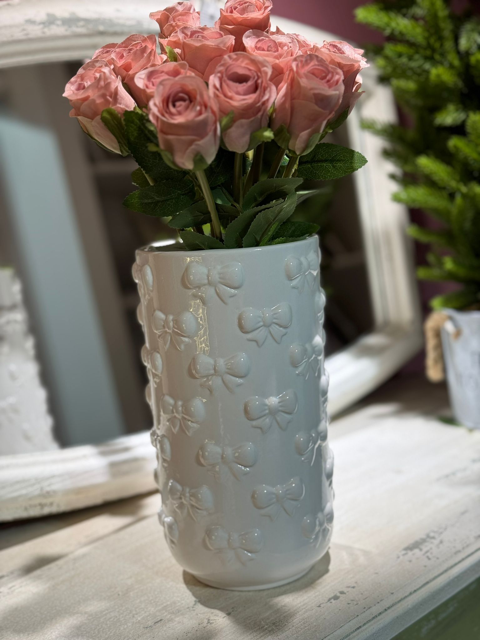Vaso in ceramica con fiocchi Linea Ribbon - rosa/bianco - H.25x14 cm - L'arte di nacchi