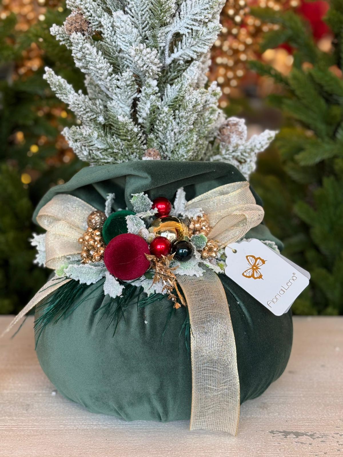 NATALE 2025 - Pouf in velluto verde con alberello artificiale e applicazioni - H.55x24 cm - Fiori di Lena