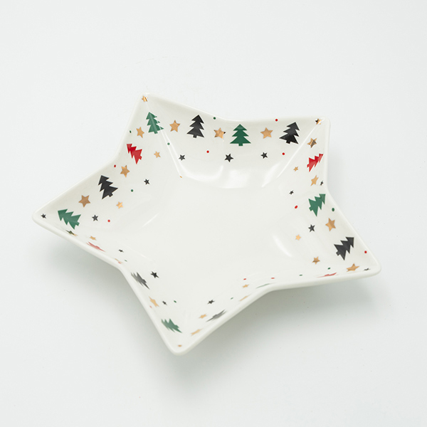 Piatto a stella in ceramica c/alberi di natale colorati - 25 cm - E.L