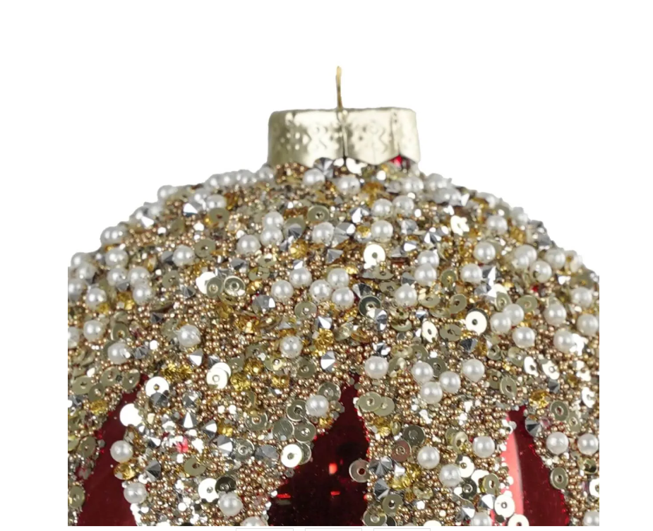 Palla natalizia decorata in vetro rosso e oro - diam.10 cm - Stile'