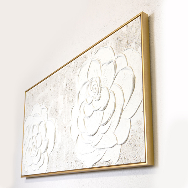 Quadro su tela fiori bianchi a rilievo c/cornice oro - 120x60 cm - Eurolamp