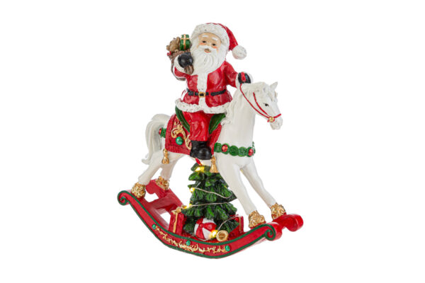 Babbo Natale cavalluccio a dondolo in resina con led - H.18 cm