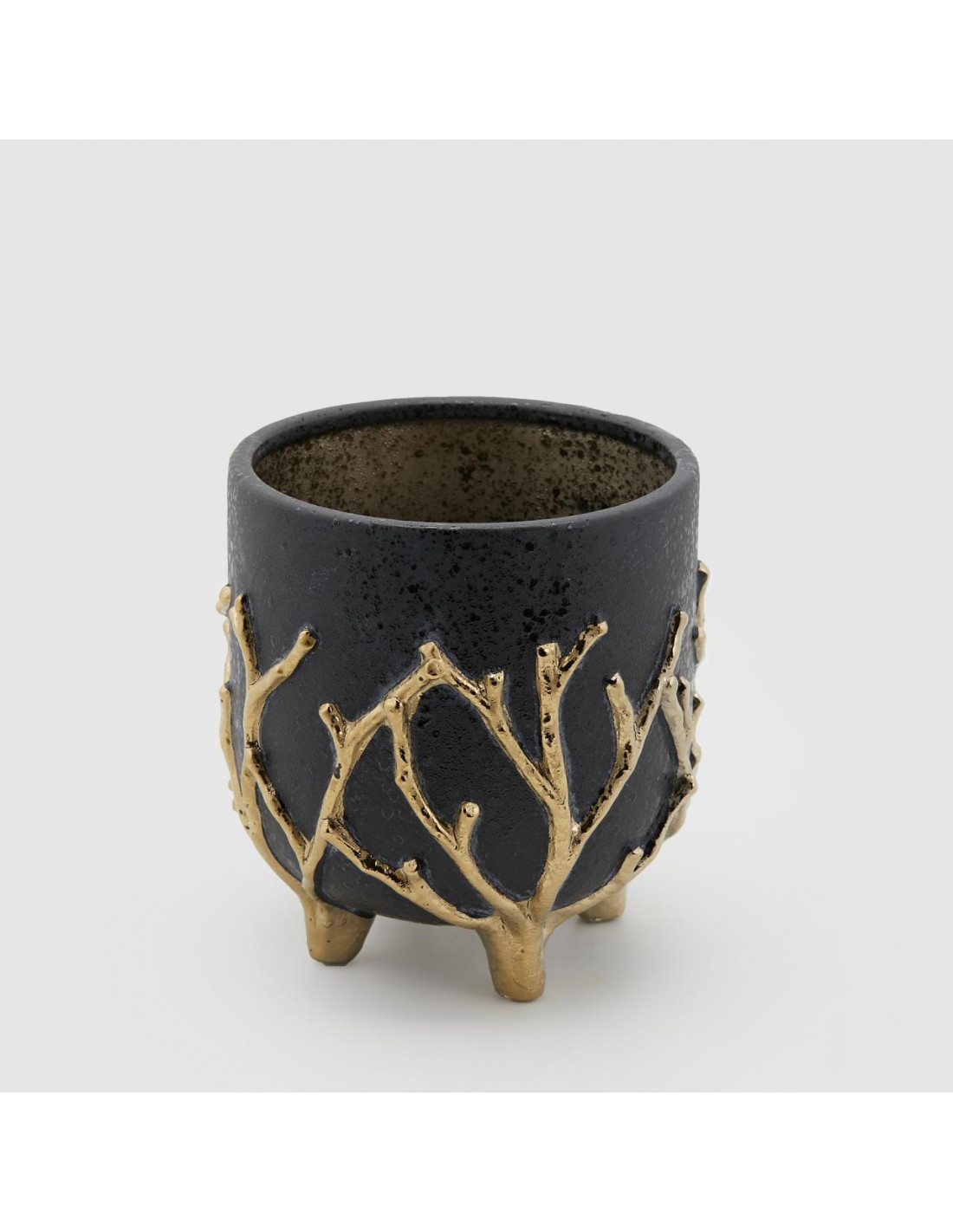 Vaso nero in ceramica c/piedini  con coralli a rilievo oro - H.20 cm - EDG