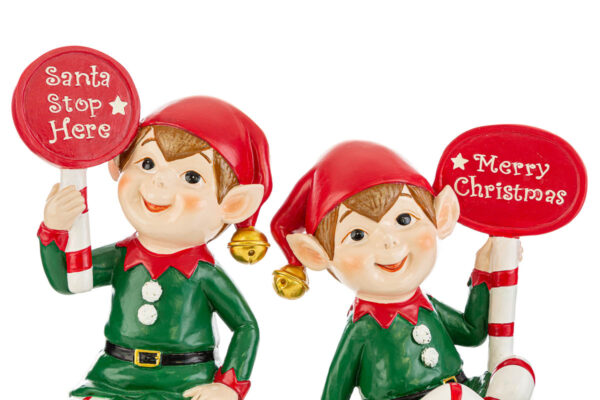 Elfo seduto in resina con cartello - 2 varianti - H.16.5 cm