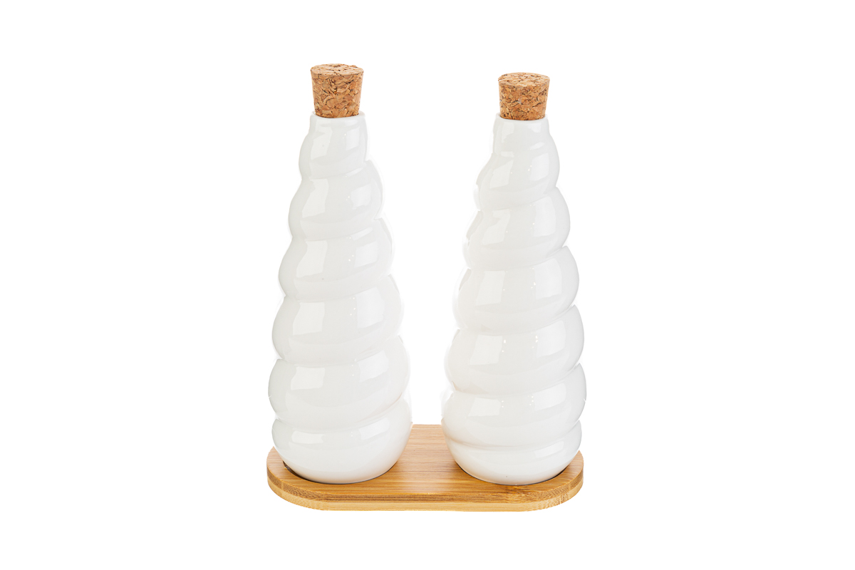 Set olio e aceto in porcellana c/base in legno con astuccio - H.19x15 cm - Le Stelle