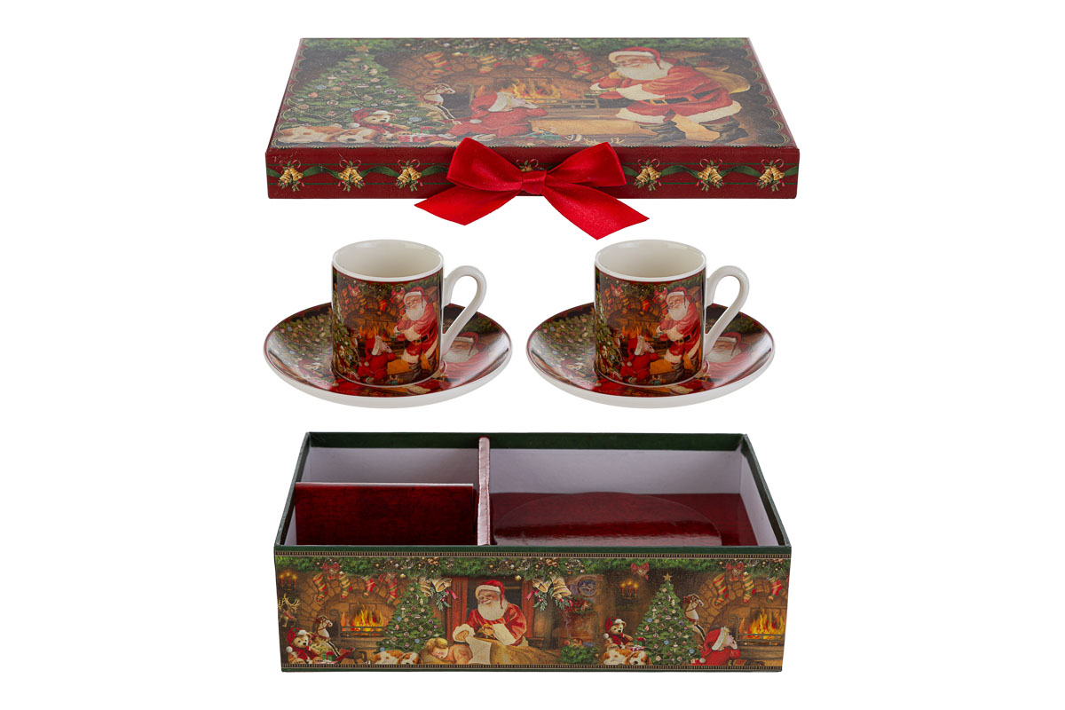Set 2 tazzine da caffè c/piattino natalizio in porcellana con astuccio - 22x13.5 cm - Le Stelle