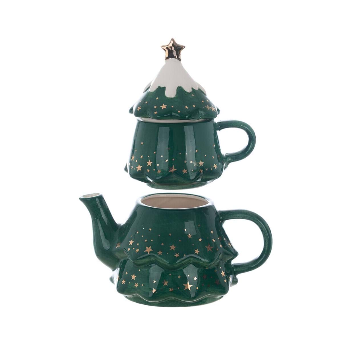 Set teiera tazza con coperchio natalizia in ceramica - 19x12x22 cm - Blanc Mariclo