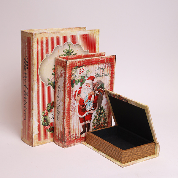 Set 3 scatole a libro con stampe natalizie vintage - 30x22/23x17/16x11 cm - Eurolamp