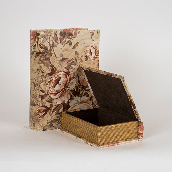 Set 2 scatole libro c/rose beige in legno e finta pelle - 19x8x27 cm - Eurolamp