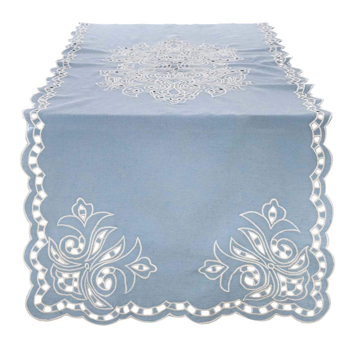 Runner con applicazioni  in cotone e lino azzurro - Linea Brezza di Sangallo - 50x150 cm - Blanc Mariclo