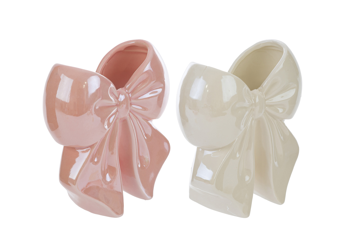 Vaso fiocco in porcellana lucida - rosa/bianco - H.14x6x12 cm - Le Stelle