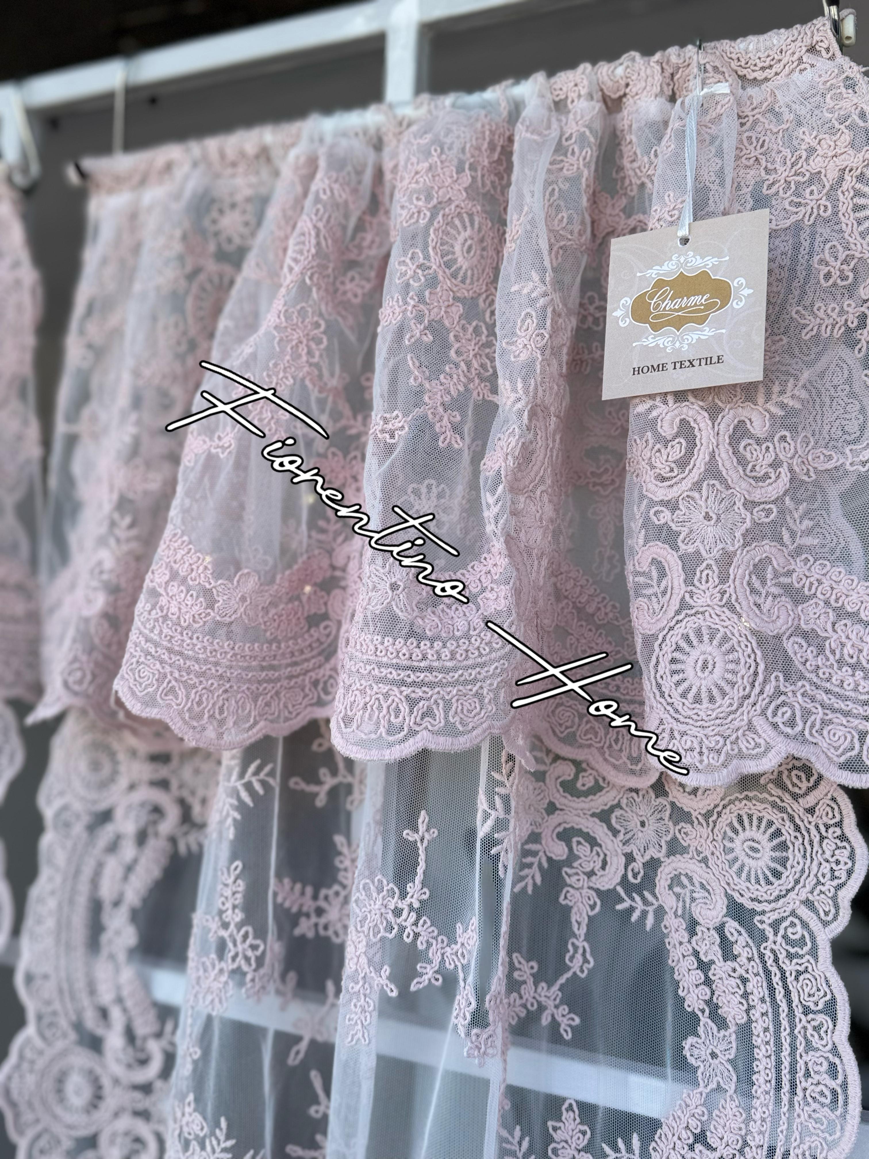 Vetrage in pizzo Rococò rosa - 60x157 cm - Charme Home Textile