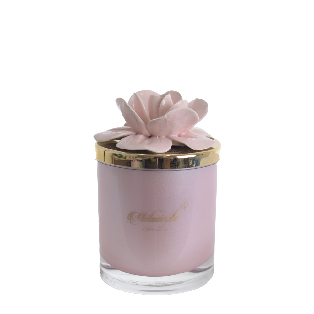 Candela profumata in vasetto di vetro con rosa in ceramica col.Rosa- H. 14  cm - Melaverde