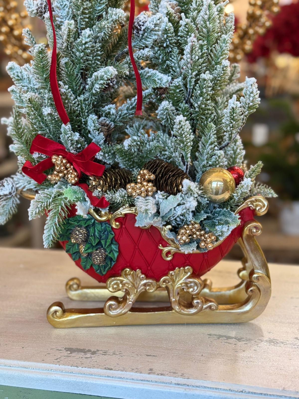 NATALE 2025 - Slitta in resina con alberelli artificiali - H. 55x10x25 cm - Fiori di Lena