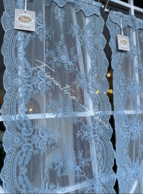 Vetrage in pizzo Rococò celeste  - 45x128 cm - Charme Home Textile