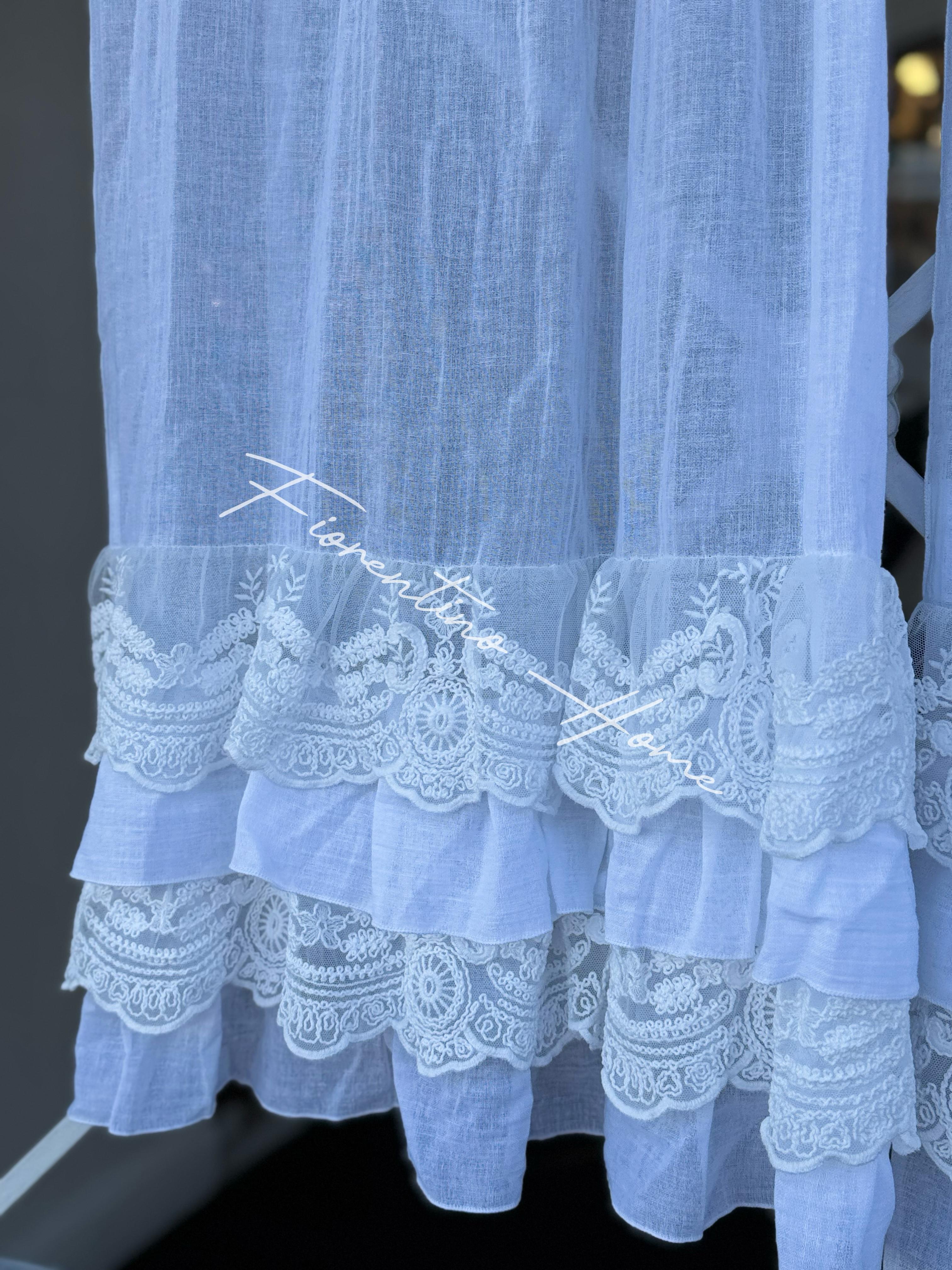 Vetrage in garza di cotone e pizzo Roccoco con balze bianco - 65x128 cm - Charme Home Textile