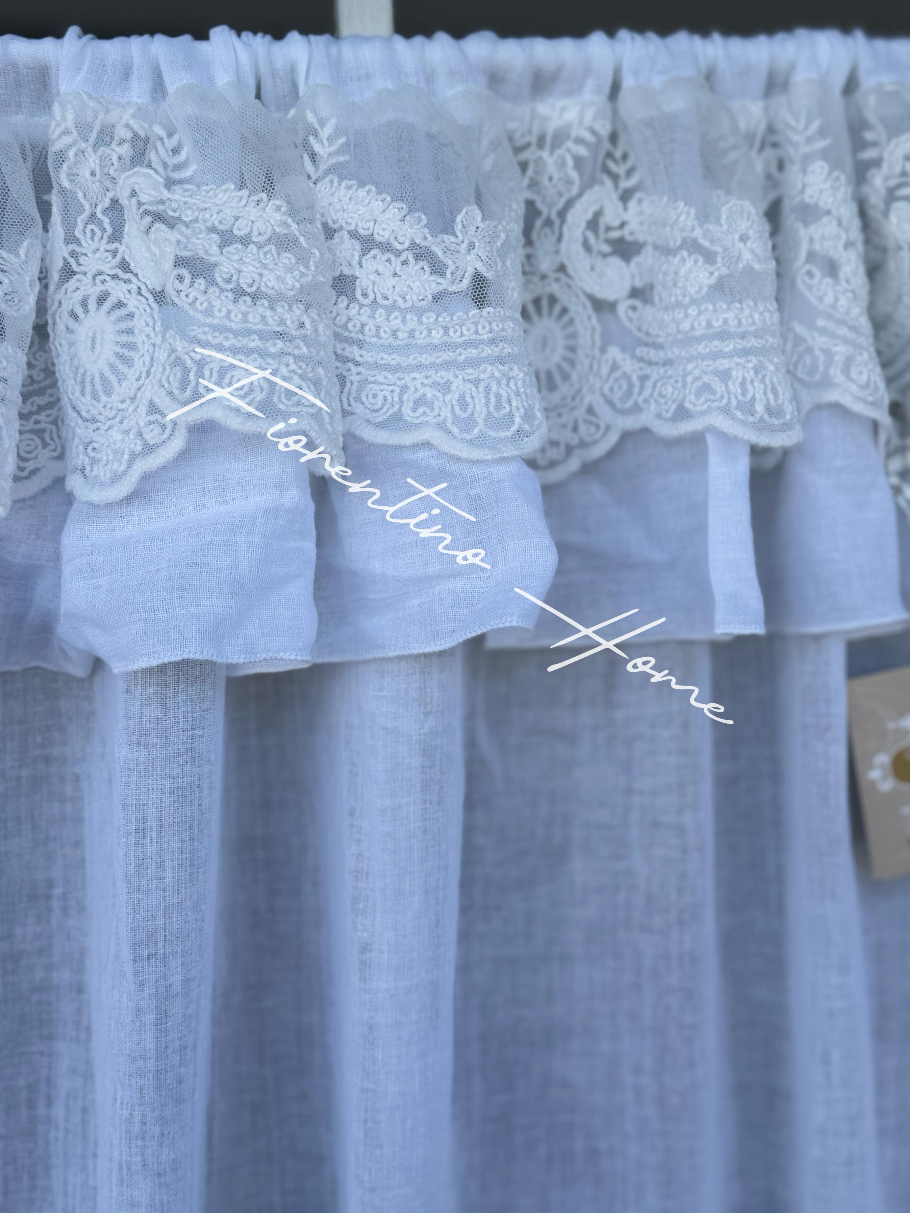 Vetrage in garza di cotone e pizzo Roccoco con balze bianco - 65x128 cm - Charme Home Textile - Foto 3