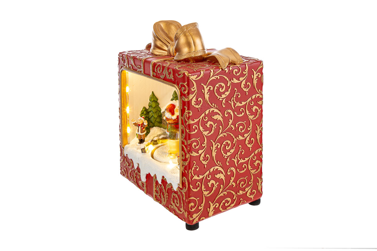 Paesaggio natalizio pacco regalo in resina con luci, musica e movimento - H.24 cm
