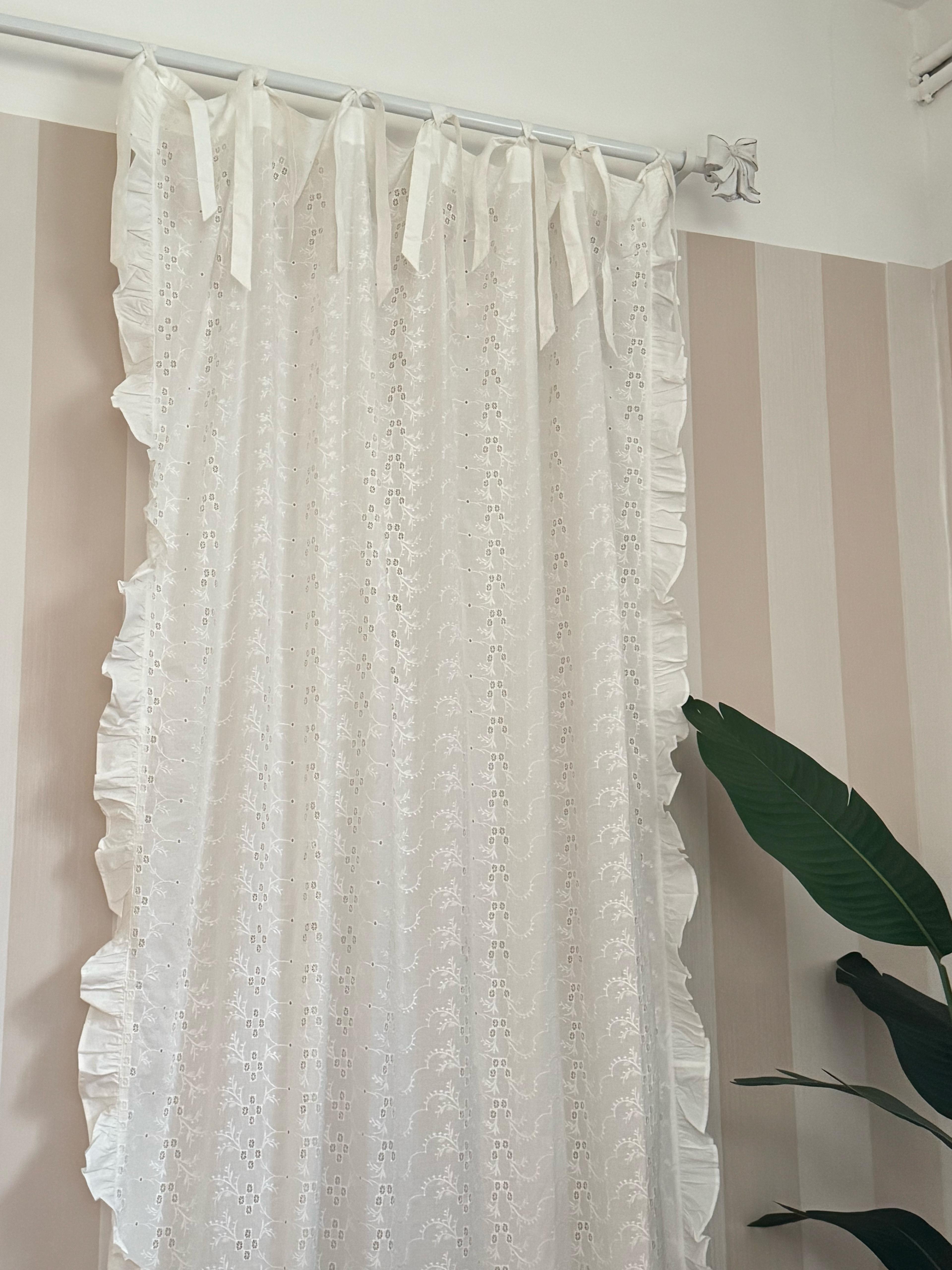 Telo tenda in cotone e merletto con lacci - Collezione DENTELLE - 135x290 cm - Blanc Mariclo