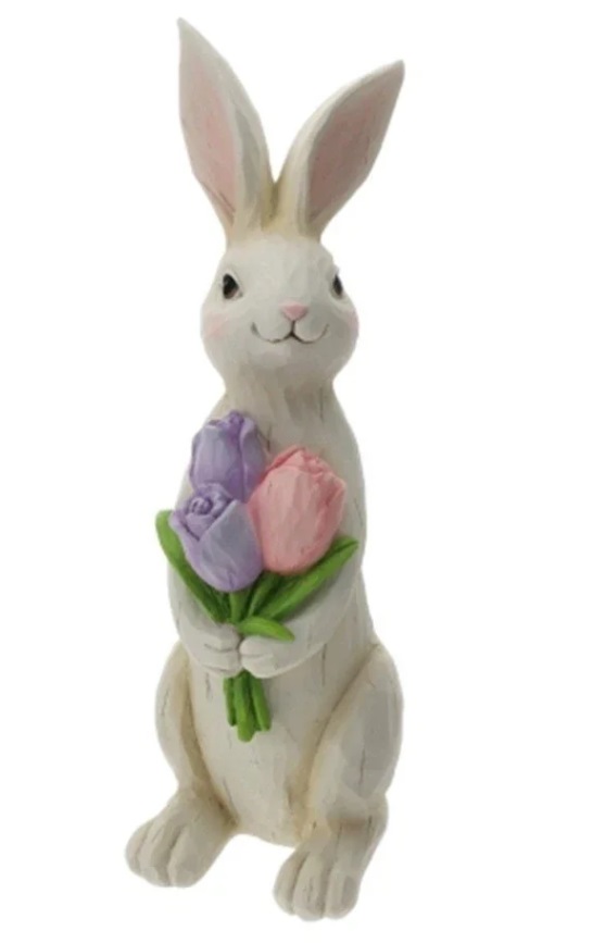 Coniglio in resina bianco con tulipani - H.40 cm - Hervit
