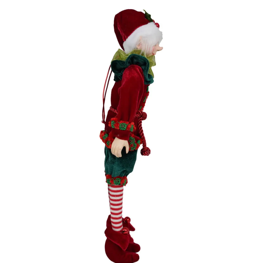 Elfo natalizio giacca bordeaux e pantaloni verdi in velluto - H.40 cm - Stile'