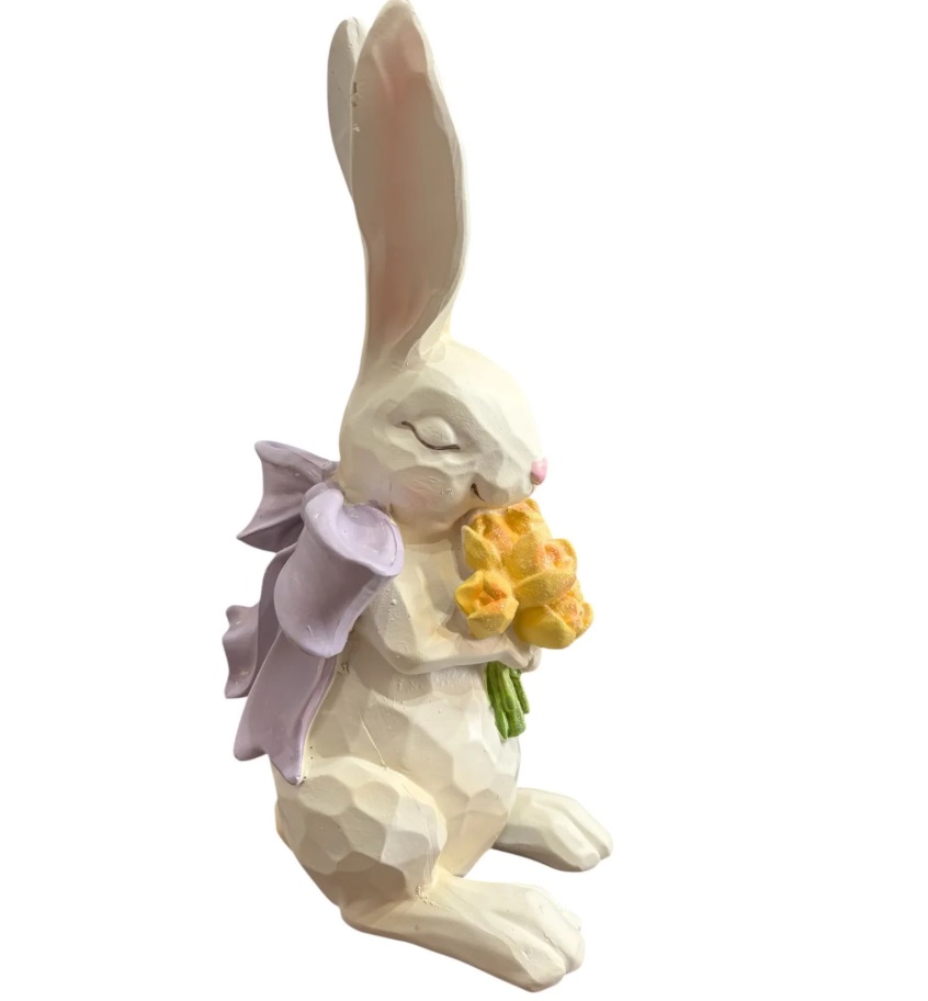 Coniglio in resina bianco con tulipani gialli - H.21 cm - Hervit