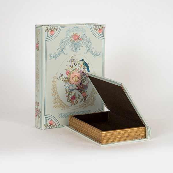Set 2 scatole libro Uccellini e fiori azzurro in legno e finta pelle - 27x5x19 cm - Eurolamp